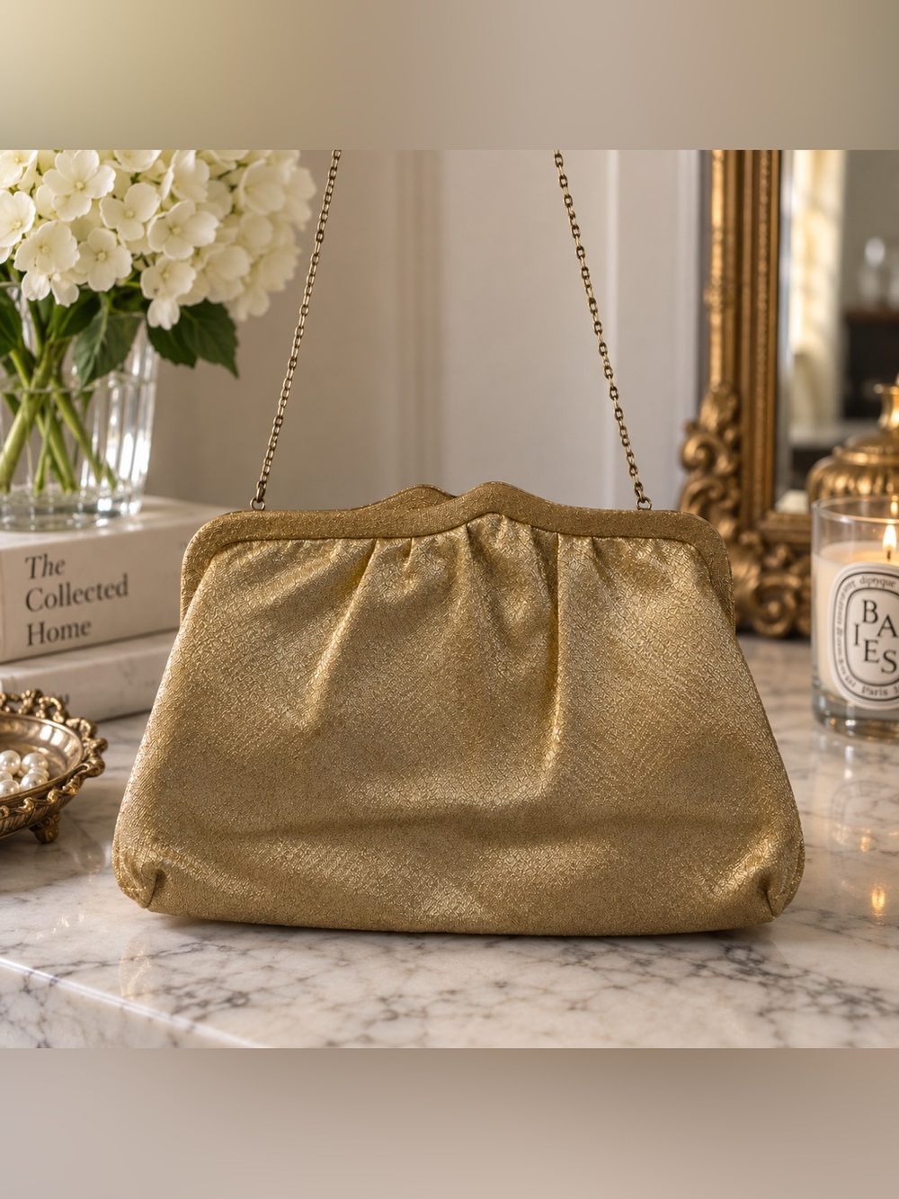 Vintage Gold Metallic Woven Evening Bag Chain Purse